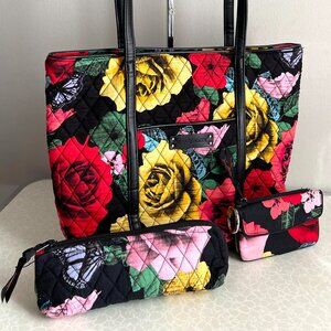 LOT OF 3 ~ Vera Bradley Havana Rose Shoulder Bag + Zip ID Wallet + Brush Case